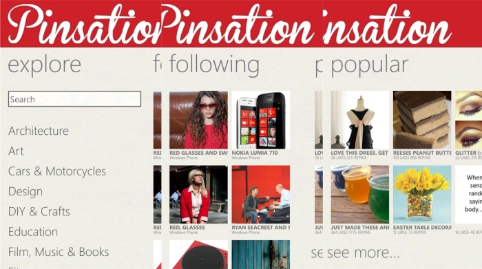 Capturas de Pinsation, el cliente de Pinterest para Windows Phone