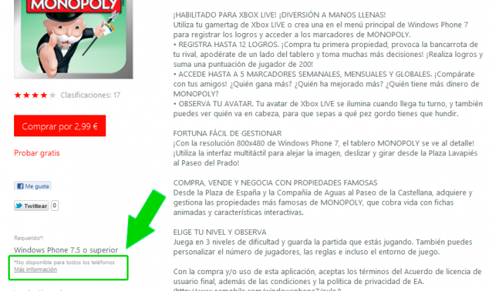 Windows Phone Marketplace - Aviso de compatibilidad