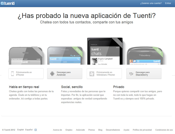 Captura de pantalla con las aplicaciones móviles de Tuenti