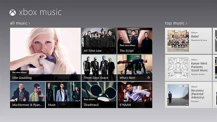 Pantalla principal de Xbox Music