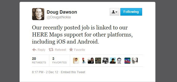 Entrada de Twitter de Doug Dawson explicando que la oferta de trabajo es para integrar HERE en iOS y Android