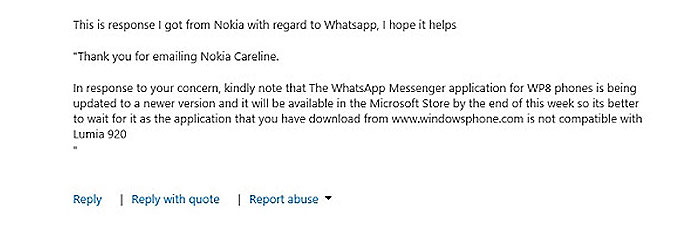 Respuesta de Nokia Care sobre WhatsApp vía Twitter