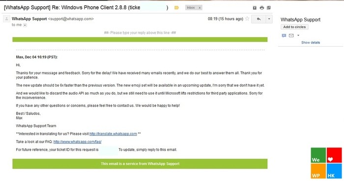 Respuesta WhatsApp Windows Phone 8