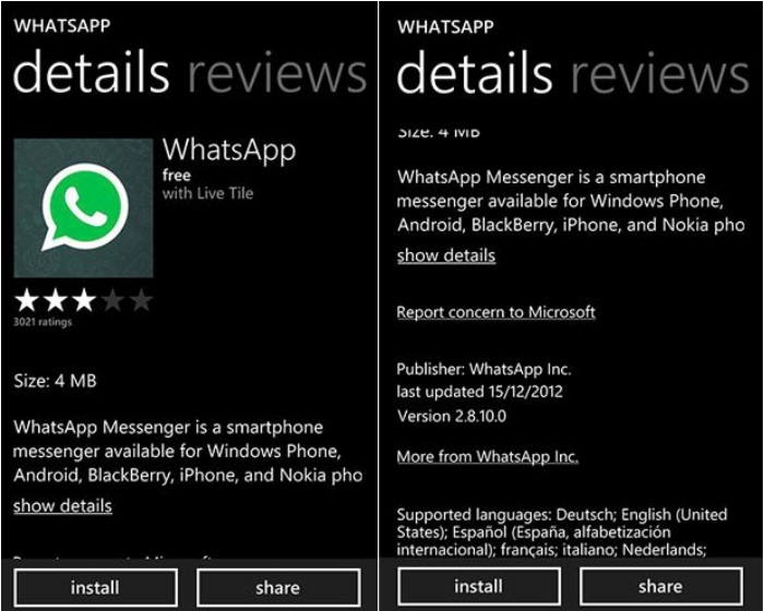 WhatsApp en la tienda de aplicaciones Windows Phone