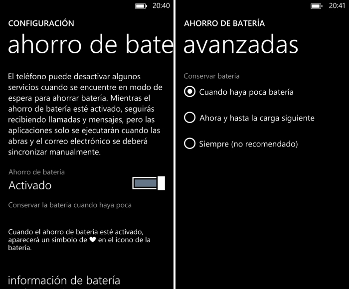 Ahorro de batería en Windows Phone