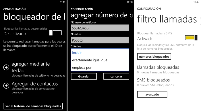 configurar bloqueo llamadas windows phone