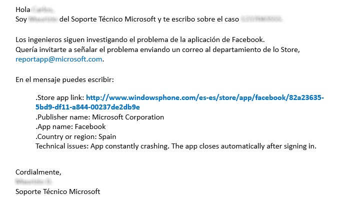 respuesta soporte problema facebook microsoft