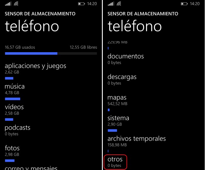 almacenamiento otros windows phone 8.1