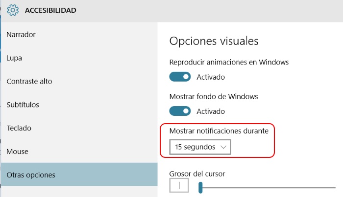 configurar tiempo para mostrar las notificaciones windows 10 pc