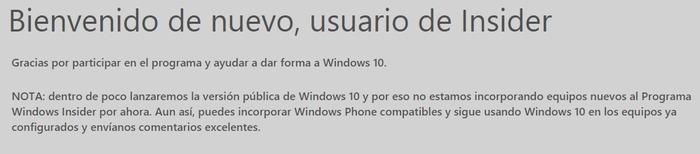 Windows Insider bienvenida