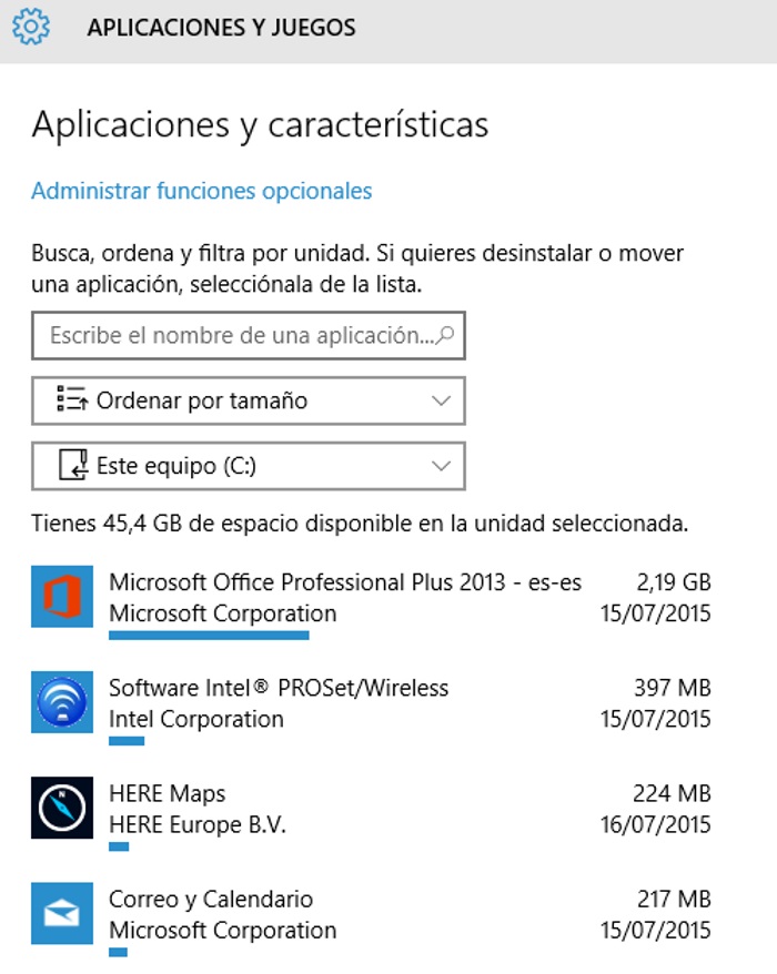 almacenamiento de aplicaciones y características en Windows 10 para pc