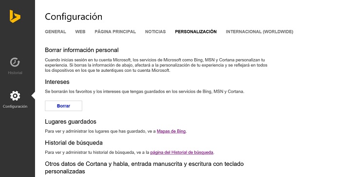 Datos personales Cortana en Windows 10