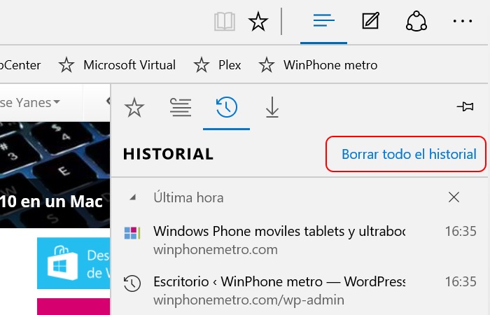 borrar historial microsoft edge windows 10