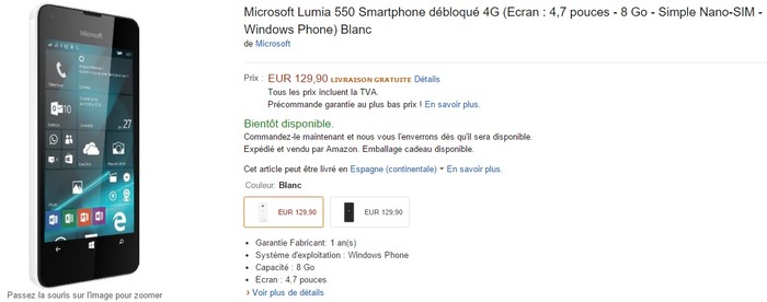 Lumia 550 reserva Amazon Francia