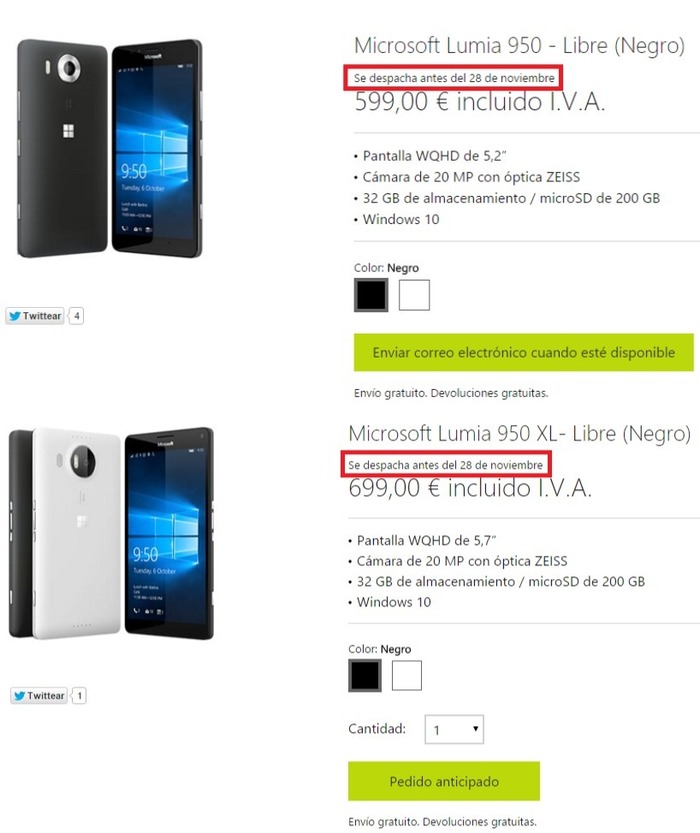 Lumia 950 y 950 XL disponibilidad España