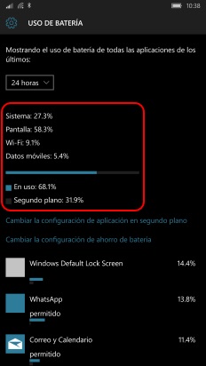 detalles consumo batería windows 10 mobile