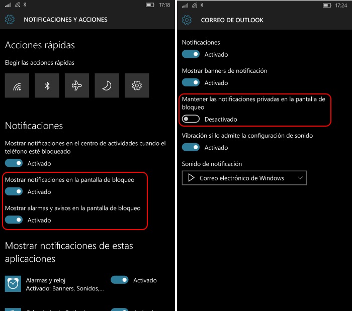 notificaciones windows 10 mobile