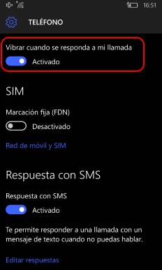 windows 10 mobile vibrar al responder llamadas