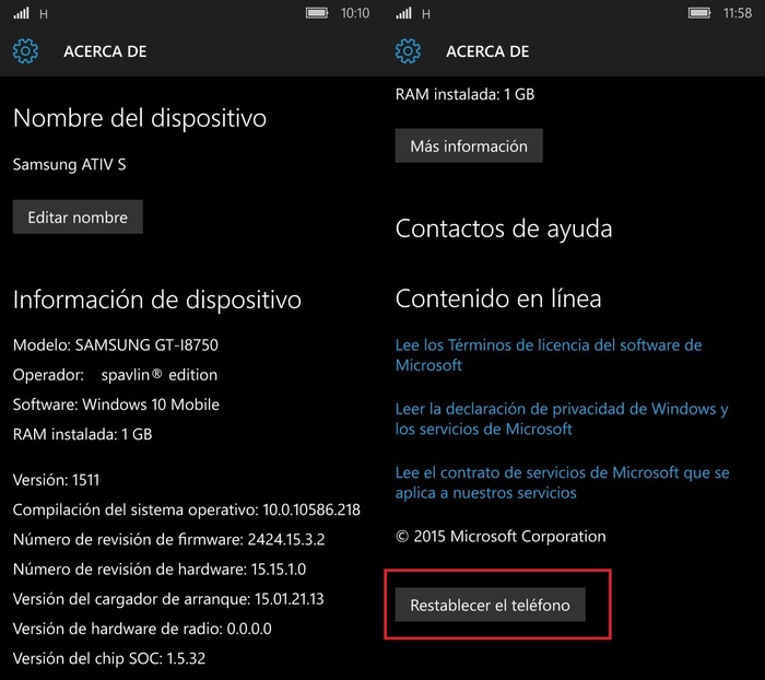 Restablecer ATIV S Windows 10 Mobile