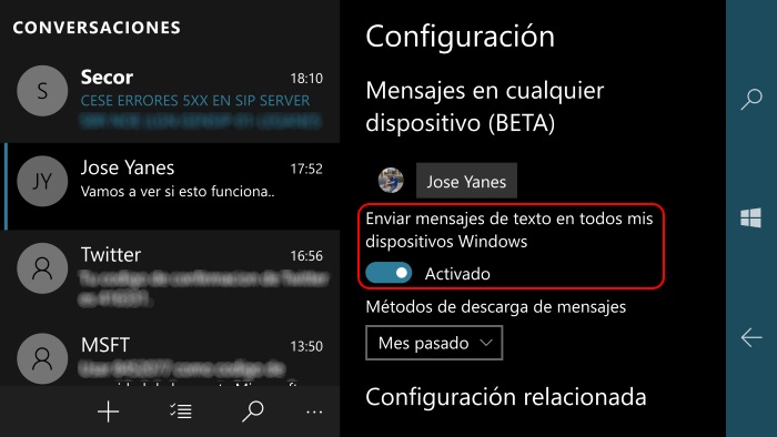 configuracion windows 10 mobile messaging everywhere