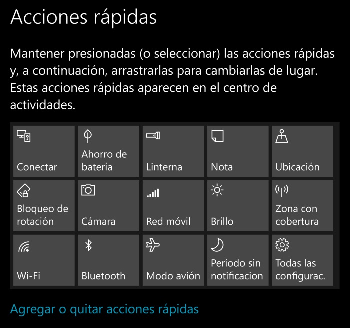 acciones rapidas windows 10 mobile anniversary update