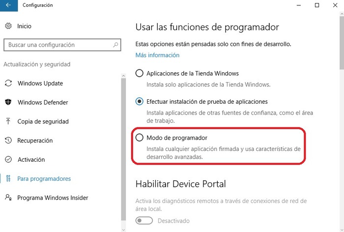 Windows 10 activar modo programador