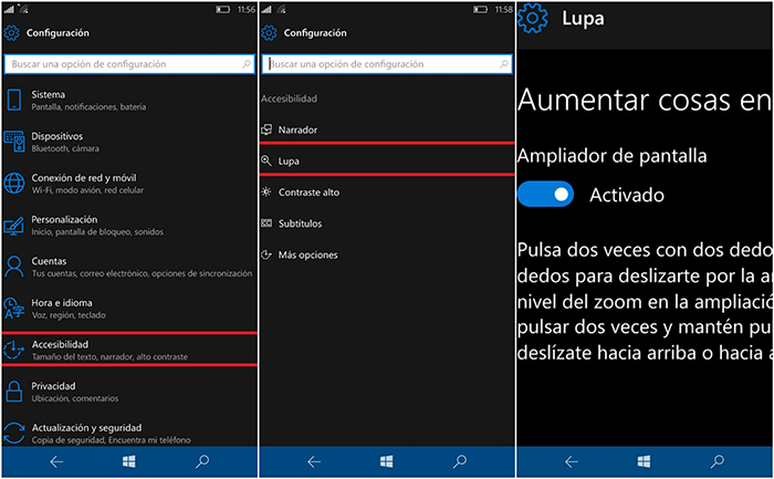 Usar la Lupa de Windows 10 Mobile para aumentar el tamaño