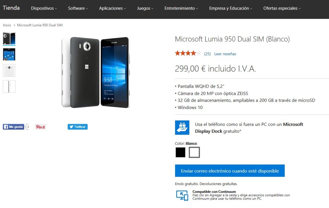 Captura de la tienda de Microsoft que muestra que no queda stock del Lumia 950