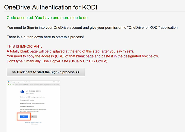 Ventana para proceder a dar permiso para que Kodi se conecte a OneDrive