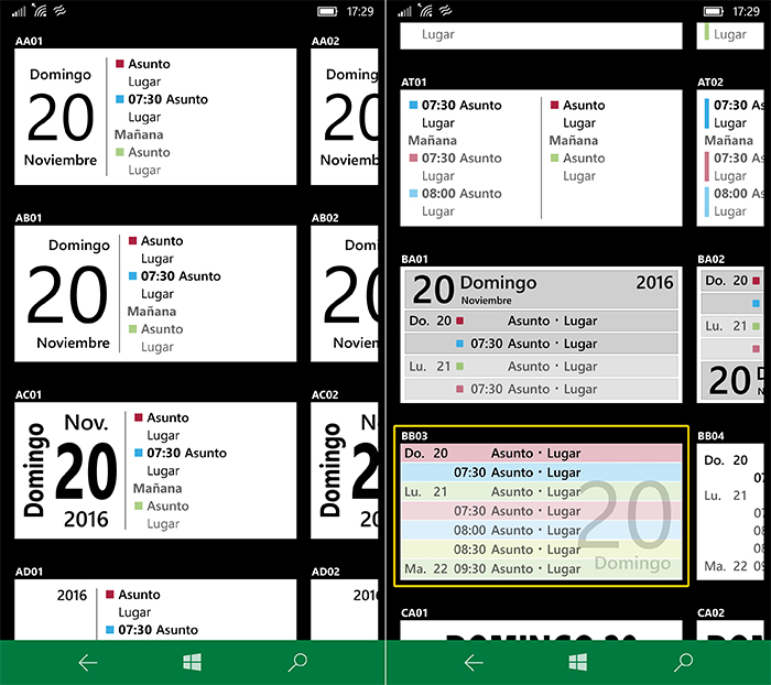 Capturas de los live tiles de Chronos Calendar