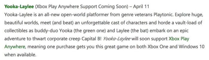 Yooka-Laylee confirmacion Xbox Play Anywhere