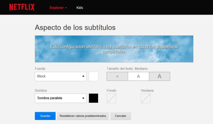 Aspecto Subtitulos Netflix