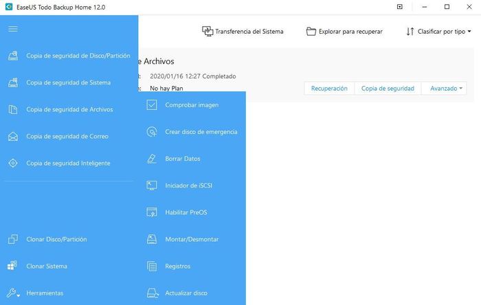 EaseUS Todo Backup menu opciones
