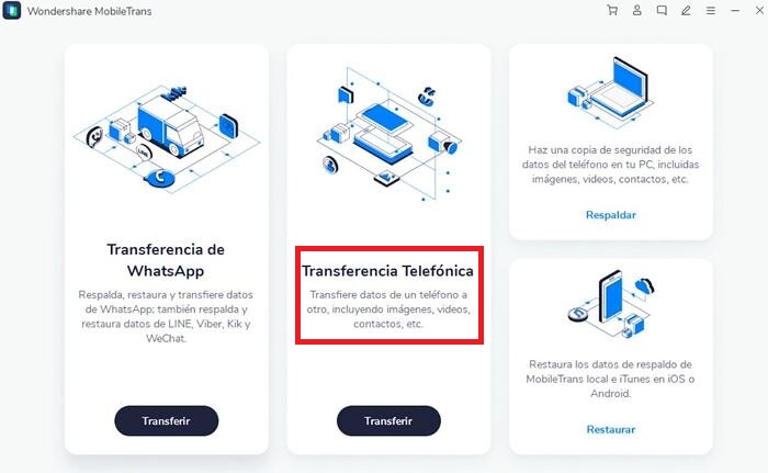 La interfaz de Wondershare Mobiletrans es bastante intuitiva