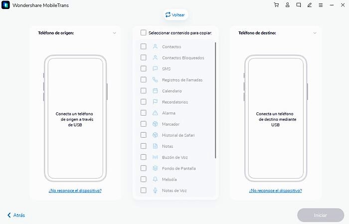 Wondershare MobileTrans permite seleccionar qué queremos pasar